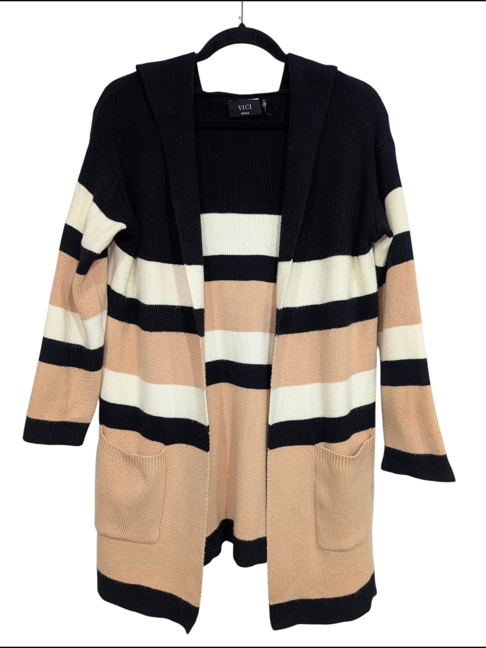 VICI Women's Small Striped Open-Front Cardigan Black, Cream & Tan Hooded Pockets